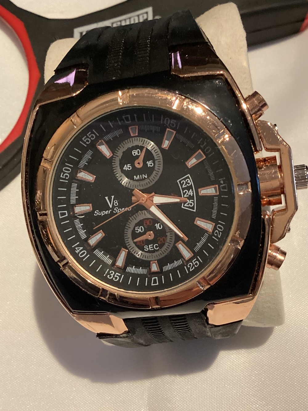 Men's Black and Rose Gold Chronograph Watch